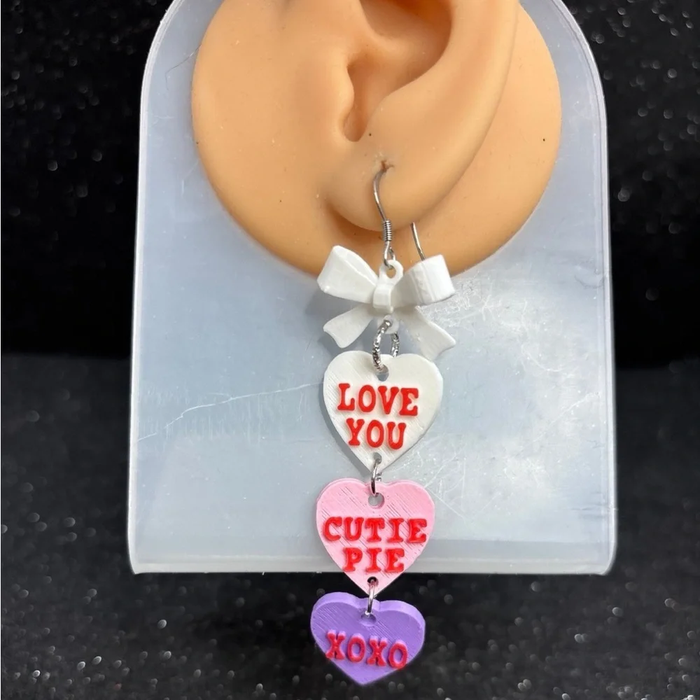 Conversation Heart Dangle Earrings with White Bows